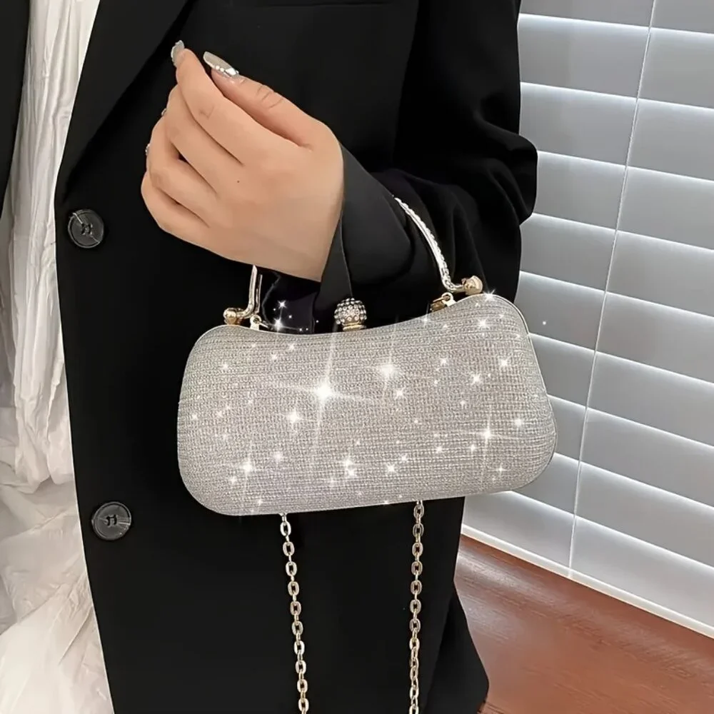 Silver Mini Fashion Evening Clutch, Chain Crossbody Bag Shining Evening Bag